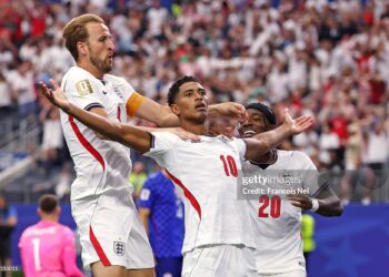 ARLINGTON, TEXAS - JUNE 17: Jude Bellingham #10 of England celebrates with Harry Kane #9 after scoring the team's third goal during the FIFA World Cup 2026 Group L match between England and Croatia at Dallas Stadium on June 17, 2026 in Arlington, Texas. (Photo by Francois Nel/Getty Images)