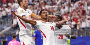 ARLINGTON, TEXAS - JUNE 17: Jude Bellingham #10 of England celebrates with Harry Kane #9 after scoring the team's third goal during the FIFA World Cup 2026 Group L match between England and Croatia at Dallas Stadium on June 17, 2026 in Arlington, Texas. (Photo by Francois Nel/Getty Images)