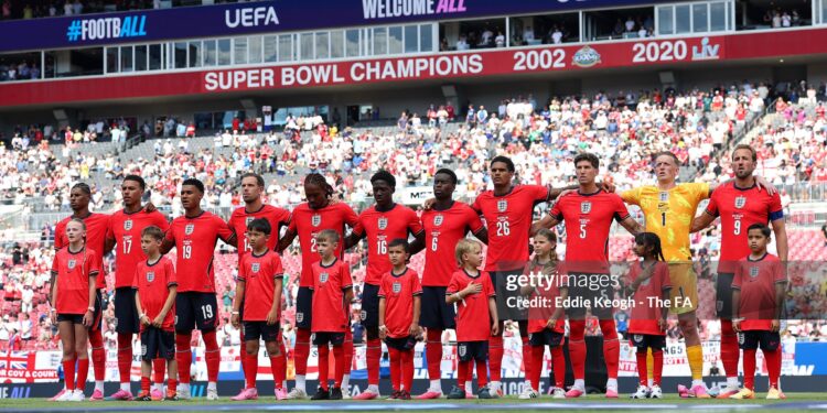 Players of England line up on the pitch prior to the international friendly match between England and New Zealand (Photo by Eddie Keogh - The FA/The FA via Getty Images)