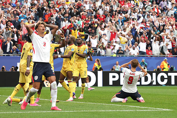 Nico O'Reilly #3 and Harry Kane #9 of England react after a missed chance during the FIFA World Cup 2026 Group L match between England and Ghana at Boston Stadium on June 23, 2026 in Foxborough, Massachusetts. (Photo by Richard Pelham/Getty Images)