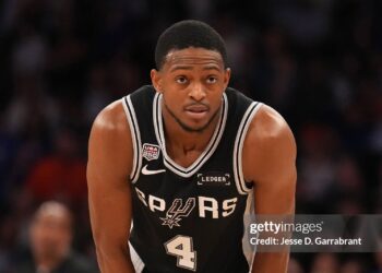 De'Aaron Fox #4 of the San Antonio Spurs looks on during the game against the New York Knicks during Game Three of the 2026 NBA Finals (Photo by Jesse D. Garrabrant/NBAE via Getty Images)