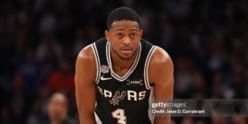 De'Aaron Fox #4 of the San Antonio Spurs looks on during the game against the New York Knicks during Game Three of the 2026 NBA Finals (Photo by Jesse D. Garrabrant/NBAE via Getty Images)