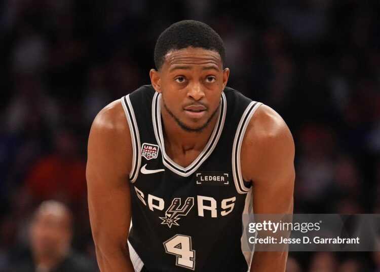 De'Aaron Fox #4 of the San Antonio Spurs looks on during the game against the New York Knicks during Game Three of the 2026 NBA Finals (Photo by Jesse D. Garrabrant/NBAE via Getty Images)