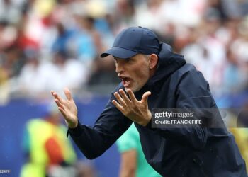 England's German head coach Thomas Tuchel reacts  during the 2026 World Cup Group L football match between England and Ghana (Photo by FRANCK FIFE / AFP via Getty Images)