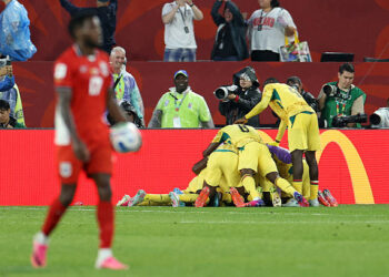 Ghana's midfielder #03 Caleb Yirenkyi (unseen) celebrates with teammates scoring his team's first goal during the 2026 World Cup Group L football match between Ghana and Panama at the Toronto Stadium in Toronto on June 17, 2026. (Photo by Cole Burston / AFP via Getty Images)