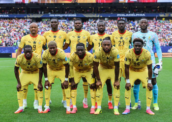 PHILADELPHIA, PENNSYLVANIA - JUNE 27: Players of Ghana line up for team photo before the FIFA World Cup 2026 Group L match between Croatia and Ghana at Philadelphia Stadium on June 27, 2026 in Philadelphia, Pennsylvania. (Photo by Sanjin Strukic/Pixsell/MB Media/Getty Images)