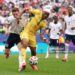 FOXBOROUGH, MASSACHUSETTS - JUNE 23: Jordan Ayew #9 of Ghana controls the ball against Elliot Anderson #8 of England during the FIFA World Cup 2026 Group L match between England and Ghana at Boston Stadium on June 23, 2026 in Foxborough, Massachusetts. (Photo by Maddie Meyer - FIFA/FIFA via Getty Images)
