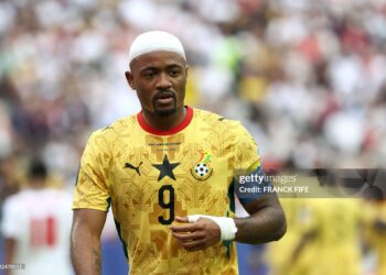 Ghana's forward #09 Jordan Ayew reacts during the 2026 World Cup Group L football match between England and Ghana (Photo by FRANCK FIFE / AFP via Getty Images)