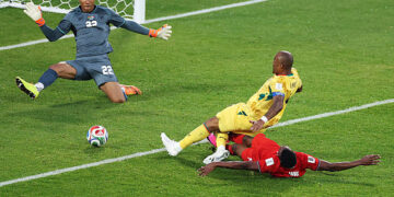 TORONTO, ONTARIO - JUNE 17: Jordan Ayew #9 of Ghana attempts to shoot while Jiovany Ramos #13 of Panama blocks during the FIFA World Cup 2026 Group L match between Ghana and Panama at Toronto Stadium on June 17, 2026 in Toronto, Ontario. (Photo by Dan Mullan/Getty Images)