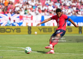 Jude Bellingham #10 of England shoots during the international friendly match between England and New Zealand (Photo by Rich Storry/Getty Images)