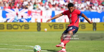 Jude Bellingham #10 of England shoots during the international friendly match between England and New Zealand (Photo by Rich Storry/Getty Images)