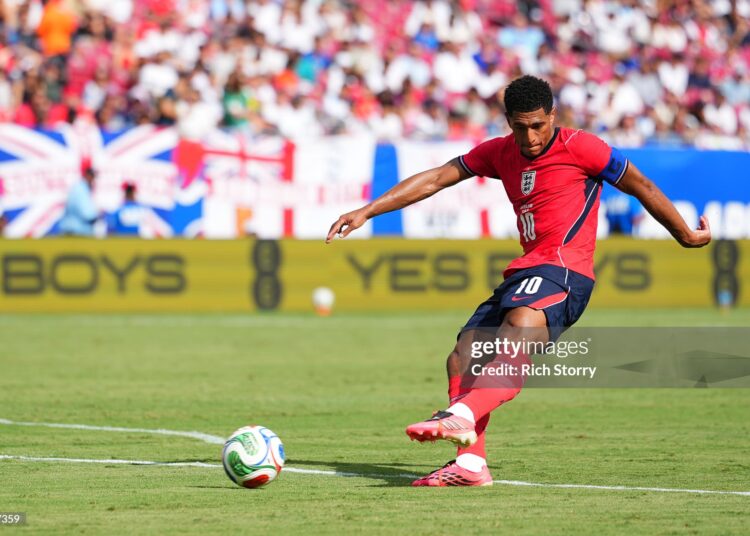 Jude Bellingham #10 of England shoots during the international friendly match between England and New Zealand (Photo by Rich Storry/Getty Images)