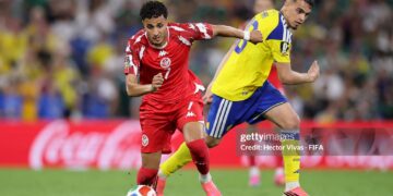 MONTERREY, MEXICO - JUNE 14: Elias Achouri #7 of Tunisia controls the ball against Yasin Ayari #18 of Sweden during the FIFA World Cup 2026 Group F match between Sweden and Tunisia at Monterrey Stadium on June 14, 2026 in Monterrey, Mexico. (Photo by Hector Vivas - FIFA/FIFA via Getty Images)