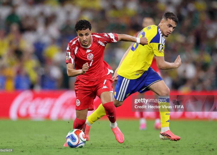 MONTERREY, MEXICO - JUNE 14: Elias Achouri #7 of Tunisia controls the ball against Yasin Ayari #18 of Sweden during the FIFA World Cup 2026 Group F match between Sweden and Tunisia at Monterrey Stadium on June 14, 2026 in Monterrey, Mexico. (Photo by Hector Vivas - FIFA/FIFA via Getty Images)