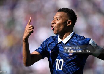 EAST RUTHERFORD, NEW JERSEY - JUNE 16: Kylian Mbappe #10 of France celebrates scoring his team's second goal during the FIFA World Cup 2026 Group I match between France and Senegal at New York New Jersey Stadium on June 16, 2026 in East Rutherford, New Jersey. (Photo by Shaun Botterill - FIFA/FIFA via Getty Images)
