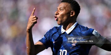 EAST RUTHERFORD, NEW JERSEY - JUNE 16: Kylian Mbappe #10 of France celebrates scoring his team's second goal during the FIFA World Cup 2026 Group I match between France and Senegal at New York New Jersey Stadium on June 16, 2026 in East Rutherford, New Jersey. (Photo by Shaun Botterill - FIFA/FIFA via Getty Images)