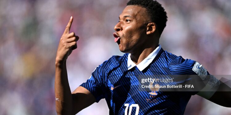 EAST RUTHERFORD, NEW JERSEY - JUNE 16: Kylian Mbappe #10 of France celebrates scoring his team's second goal during the FIFA World Cup 2026 Group I match between France and Senegal at New York New Jersey Stadium on June 16, 2026 in East Rutherford, New Jersey. (Photo by Shaun Botterill - FIFA/FIFA via Getty Images)