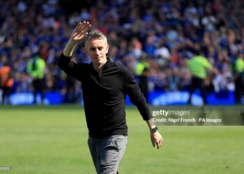 Ipswich Town manager Kieran McKenna celebrates on the pitch after Ipswich Town secured promotion following the Sky Bet Championship match (Photo by Nigel French/PA Images via Getty Images)