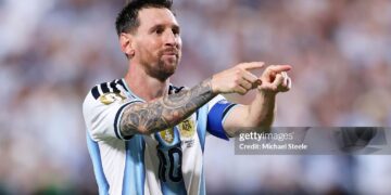 KANSAS CITY, MISSOURI - JUNE 16: Lionel Messi #10 of Argentina celebrates scoring his team's third and hat trick goal during the FIFA World Cup 2026 Group J match between Argentina and Algeria at Kansas City Stadium on June 16, 2026 in Kansas City, Missouri. (Photo by Michael Steele/Getty Images)