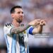 KANSAS CITY, MISSOURI - JUNE 16: Lionel Messi #10 of Argentina celebrates scoring his team's third and hat trick goal during the FIFA World Cup 2026 Group J match between Argentina and Algeria at Kansas City Stadium on June 16, 2026 in Kansas City, Missouri. (Photo by Michael Steele/Getty Images)