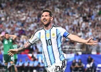 Lionel Messi (Argentina) celebrates his second goal, making the score 2-0. (Photo by Tom Weller/picture alliance via Getty Images)