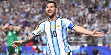 Lionel Messi (Argentina) celebrates his second goal, making the score 2-0. (Photo by Tom Weller/picture alliance via Getty Images)