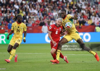 TORONTO, ONTARIO - JUNE 17: Jerome Opoku #18 of Ghana and Cristian Martinez #6 of Panama compete for the ball during the FIFA World Cup 2026 Group L match between Ghana and Panama at Toronto Stadium on June 17, 2026 in Toronto, Ontario. (Photo by Darrian Traynor/Getty Images)