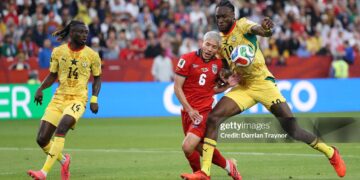 TORONTO, ONTARIO - JUNE 17: Jerome Opoku #18 of Ghana and Cristian Martinez #6 of Panama compete for the ball during the FIFA World Cup 2026 Group L match between Ghana and Panama at Toronto Stadium on June 17, 2026 in Toronto, Ontario. (Photo by Darrian Traynor/Getty Images)