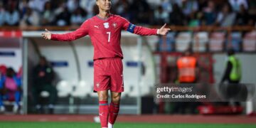 LEIRIA, PORTUGAL - JUNE 10: Cristiano Ronaldo of Portugal gestures during the International Friendly match between Portugal and Nigeria at Estadio Dr Magalhaes Pessoa on June 10, 2026 in Leiria, Portugal. (Photo by Carlos Rodrigues/Getty Images)