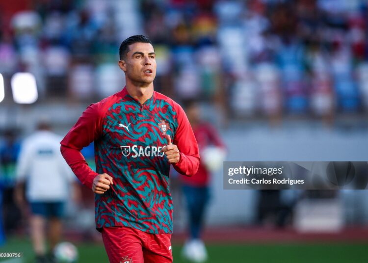 Cristiano Ronaldo of Portugal during the warmups before the International Friendly match between Portugal and Nigeria (Photo by Carlos Rodrigues/Getty Images)