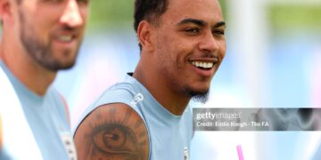 Morgan Rogers #17 of England looks on during a recovery session during the England World Cup 2026 camp (Photo by Eddie Keogh - The FA/The FA via Getty Images)