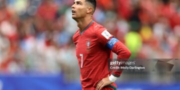 HOUSTON, TEXAS - JUNE 17: Cristiano Ronaldo #7 of Portugal looks on during the FIFA World Cup 2026 Group K match between Portugal and Congo DR at Houston Stadium on June 17, 2026 in Houston, Texas. (Photo by Molly Darlington/Getty Images)