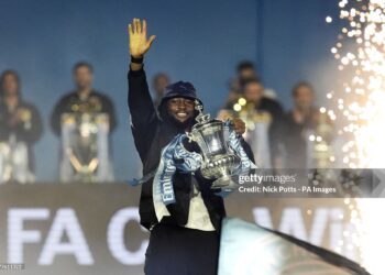 Manchester City's Antoine Semenyo with the FA Cup trophy during The After Party at Co-op Live after a parade in Manchester to celebrate the achievements of the Manchester City men's and women's teams this season. Picture date: Monday May 25, 2026. (Photo by Nick Potts/PA Images via Getty Images)