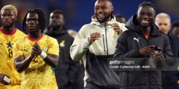 Antoine Semenyo of Ghana acknowledges the fans after the international friendly match between Wales and Ghana (Photo by Catherine Ivill - AMA/Getty Images)