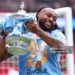 Antoine Semenyo of Manchester City celebrates with the trophy during the Emirates FA Cup Final match between Chelsea and Manchester City (Photo by Marc Atkins/Getty Images)