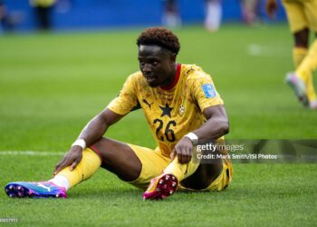 FOXBOROUGH, MASSACHUSETTS - JUNE 23: Marvin Senaya #26 of Ghana reacts during the FIFA World Cup 2026 Group L match between England and Ghana at Boston Stadium on June 23, 2026 in Foxborough, Massachusetts. (Photo by Mark Smith/ISI Photos/ISI Photos via Getty Images)
