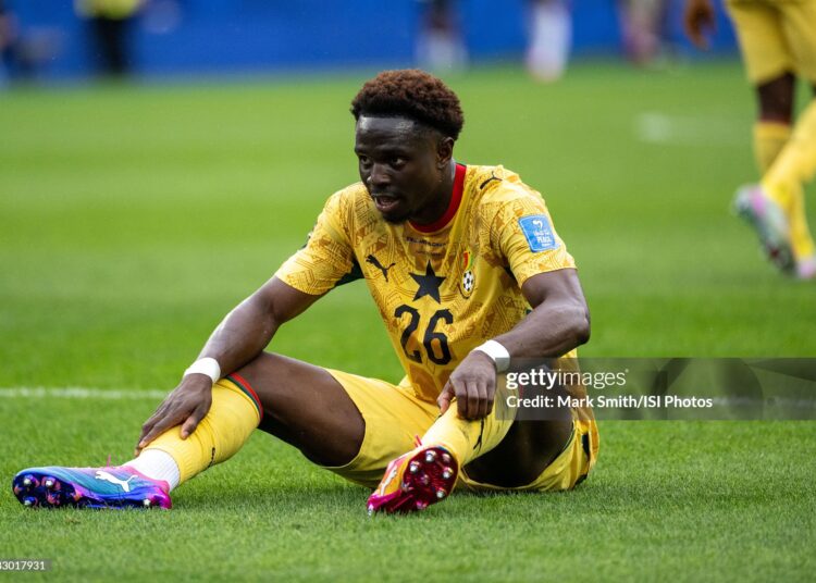 FOXBOROUGH, MASSACHUSETTS - JUNE 23: Marvin Senaya #26 of Ghana reacts during the FIFA World Cup 2026 Group L match between England and Ghana at Boston Stadium on June 23, 2026 in Foxborough, Massachusetts. (Photo by Mark Smith/ISI Photos/ISI Photos via Getty Images)