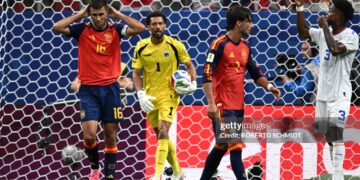 Spain's midfielder #16 Rodri (L) reacts after next to Cape Verde's goalkeeper #01 Vozinha (C) after missing a goal opportunity during the 2026 World Cup Group H football match between Spain and Cape Verde  (Photo by Roberto SCHMIDT / AFP via Getty Images)
