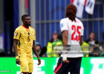 Ghana's Thomas Partey and England's Djed Spence during the FIFA World Cup Group L match at Boston Stadium. Picture date: Tuesday June 23, 2026. (Photo by Bradley Collyer/PA Images via Getty Images)
