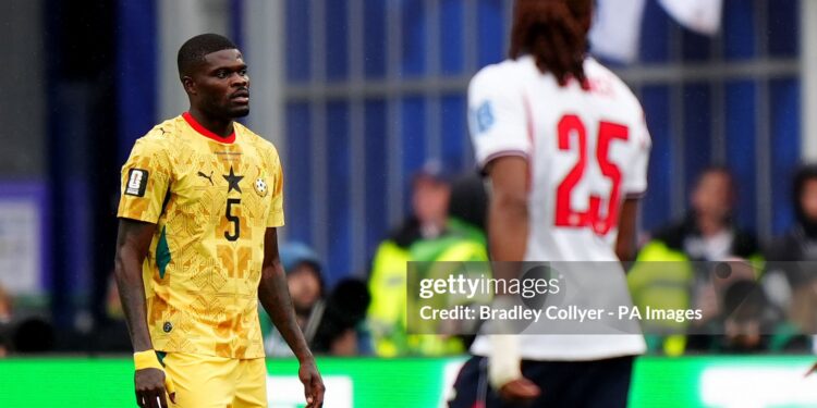 Ghana's Thomas Partey and England's Djed Spence during the FIFA World Cup Group L match at Boston Stadium. Picture date: Tuesday June 23, 2026. (Photo by Bradley Collyer/PA Images via Getty Images)