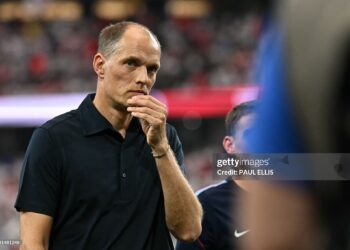 England's German head coach Thomas Tuchel reacts during the 2026 World Cup Group L football match between England and Croatia (Photo by Paul ELLIS / AFP via Getty Images)
