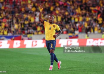 John Yeboah #9 of Ecuador celebrates a goal deflected by Jackson Porozo #25 of Ecuador (not pictured) during a game between the Ecuador and Saudi Arabia in a game prior to the World Cup (Photo by Andrew Mordzynski/Icon Sportswire via Getty Images)