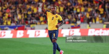 John Yeboah #9 of Ecuador celebrates a goal deflected by Jackson Porozo #25 of Ecuador (not pictured) during a game between the Ecuador and Saudi Arabia in a game prior to the World Cup (Photo by Andrew Mordzynski/Icon Sportswire via Getty Images)