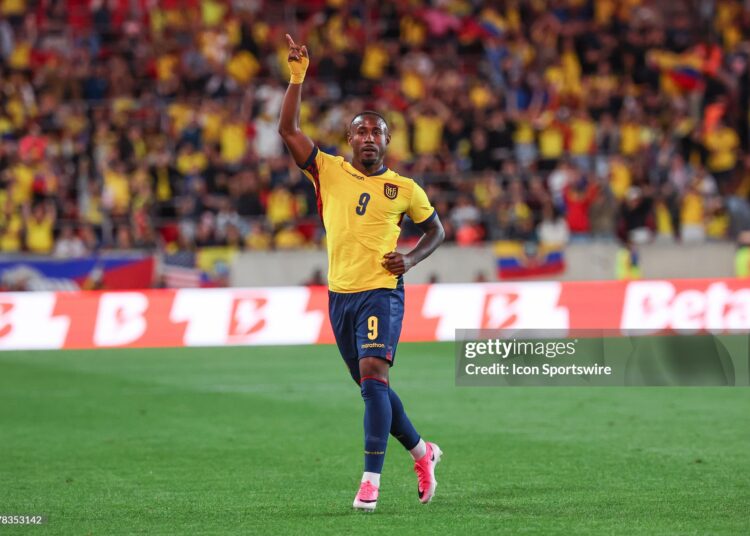 John Yeboah #9 of Ecuador celebrates a goal deflected by Jackson Porozo #25 of Ecuador (not pictured) during a game between the Ecuador and Saudi Arabia in a game prior to the World Cup (Photo by Andrew Mordzynski/Icon Sportswire via Getty Images)