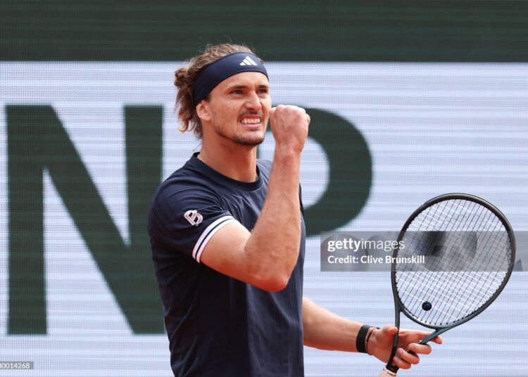 Alexander Zverev of Germany celebrates winning the second game of the fourth set against Jakub Mensik of Czechia in their Men's Singles semi-final match on Day Thirteen of the 2026 French Open  (Photo by Clive Brunskill/Getty Images)