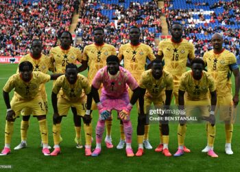 Ghana's goalkeeper #01 Lawrence Ati-Zigi (C) poses with teammates ahead of the international friendly football match between Wales and Ghana ahead of the 2026 FIFA World Cup football tournament (Photo by Ben STANSALL / AFP via Getty Images)