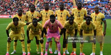 Ghana's goalkeeper #01 Lawrence Ati-Zigi (C) poses with teammates ahead of the international friendly football match between Wales and Ghana ahead of the 2026 FIFA World Cup football tournament (Photo by Ben STANSALL / AFP via Getty Images)