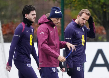 England's Vice Captain Declan Rice, manager Thomas Tuchel and Captain Harry Kane during a training session at the Tottenham Hotspur Training Ground, London. Picture date: Saturday November 15, 2025. (Photo by Jonathan Brady/PA Images via Getty Images)