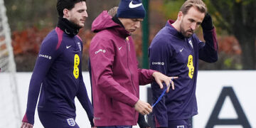 England's Vice Captain Declan Rice, manager Thomas Tuchel and Captain Harry Kane during a training session at the Tottenham Hotspur Training Ground, London. Picture date: Saturday November 15, 2025. (Photo by Jonathan Brady/PA Images via Getty Images)