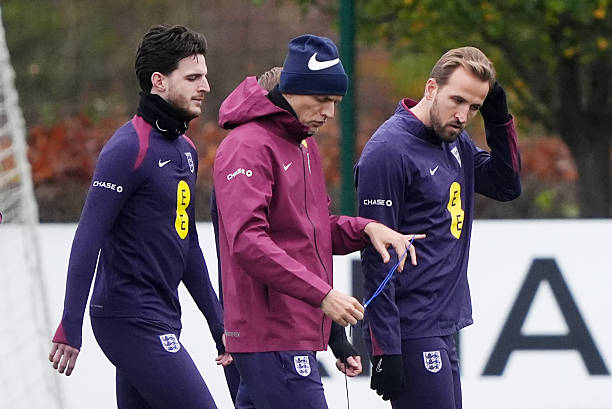 England's Vice Captain Declan Rice, manager Thomas Tuchel and Captain Harry Kane during a training session at the Tottenham Hotspur Training Ground, London. Picture date: Saturday November 15, 2025. (Photo by Jonathan Brady/PA Images via Getty Images)